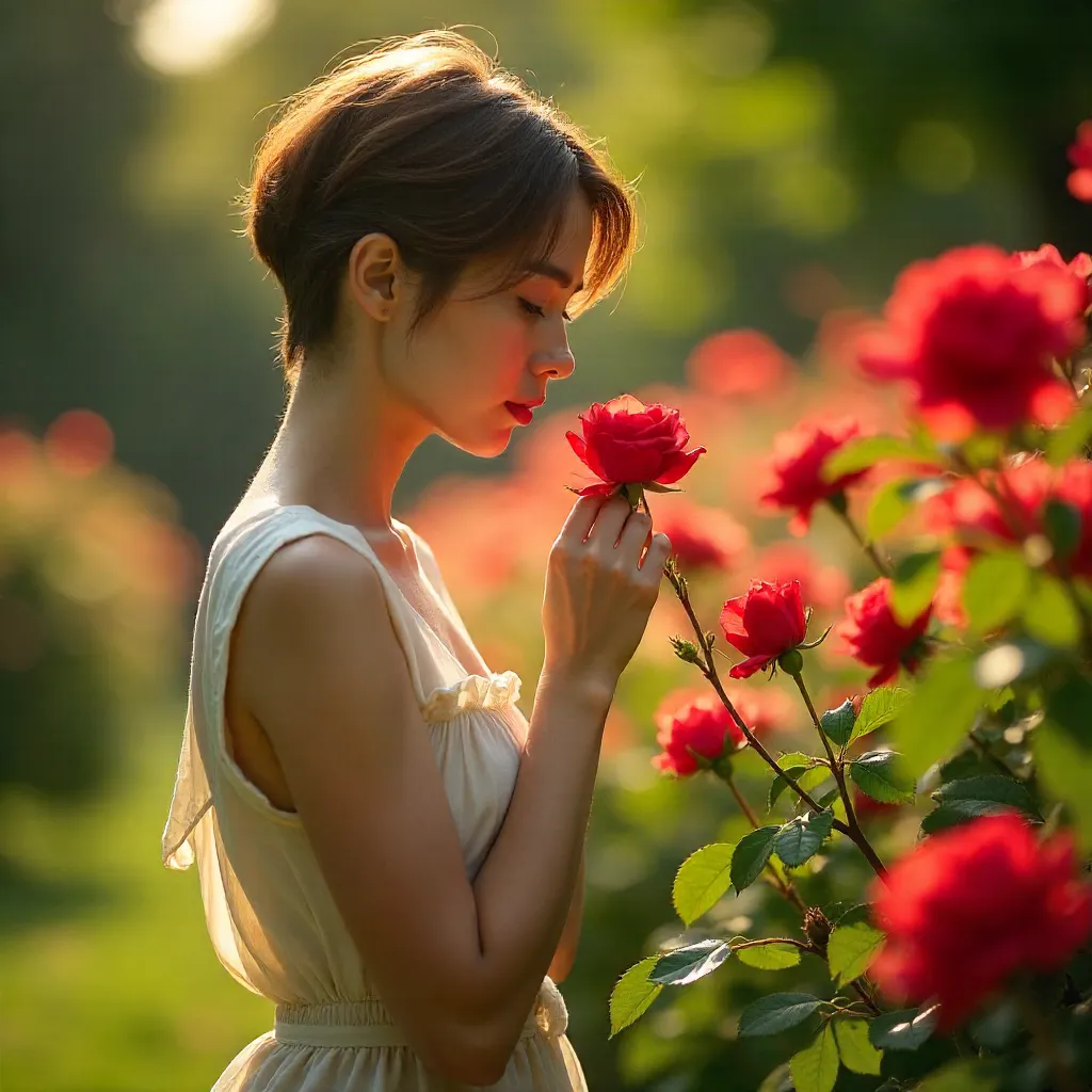 Golden Hour in Bloom: Short-Haired Woman Smelling Roses