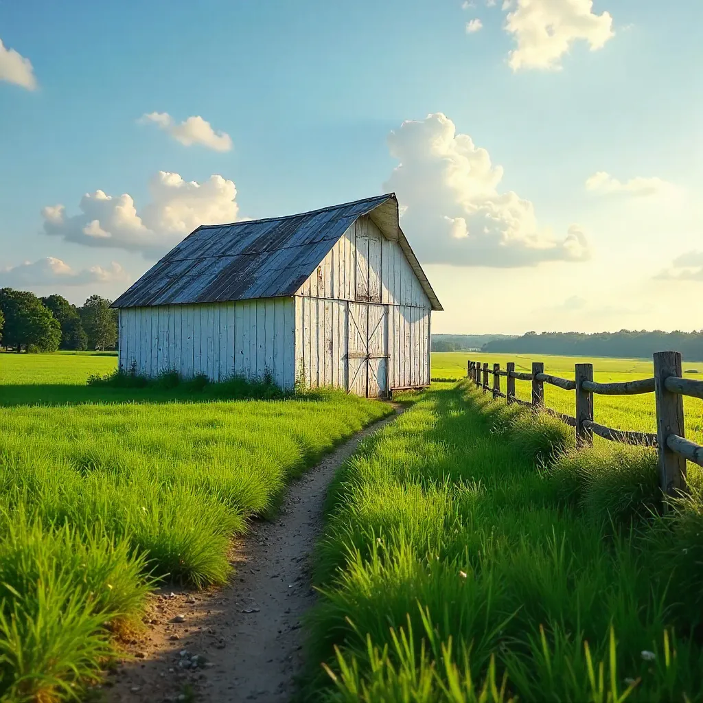 Solitary White Barn in Verdant Pasture Under Blue Sky
