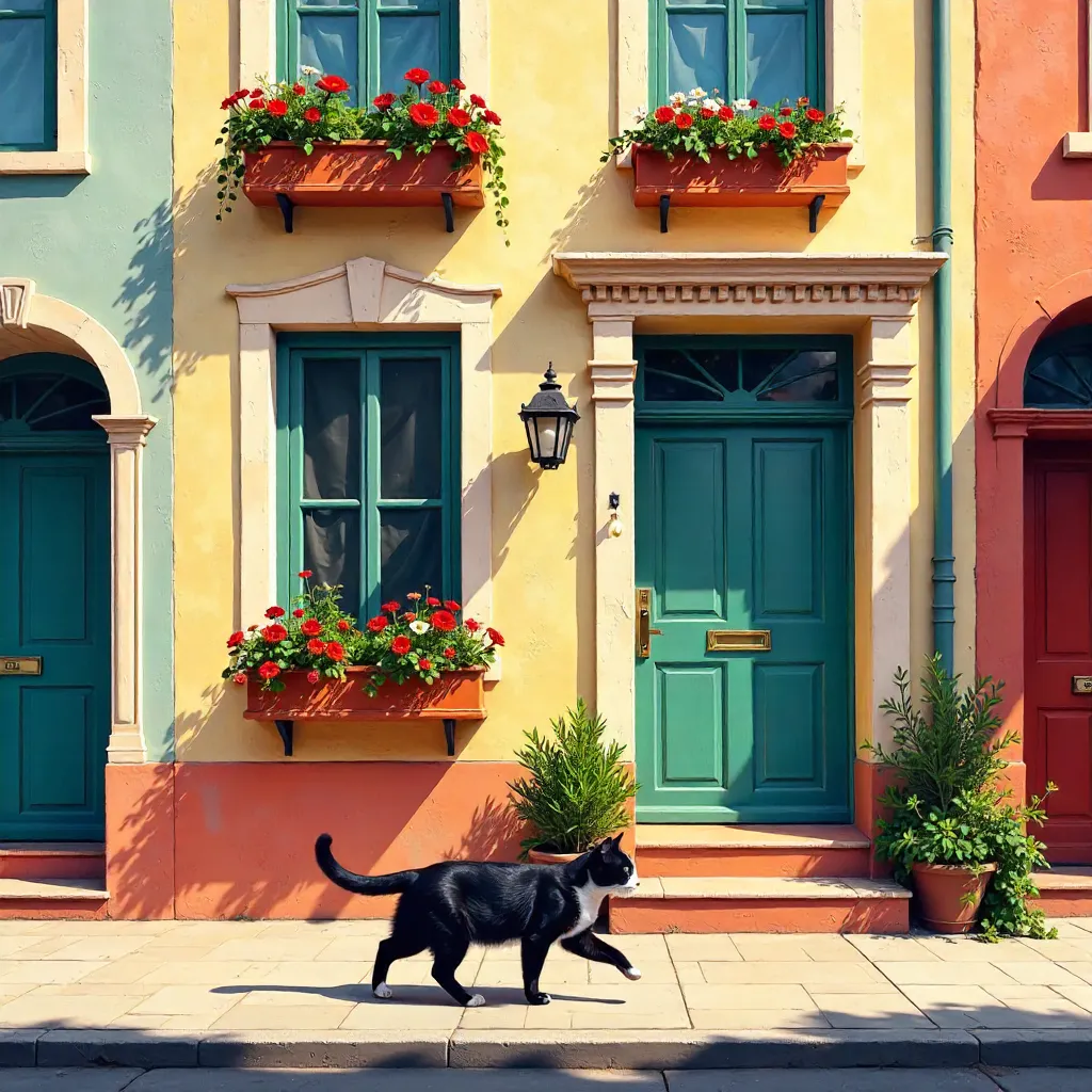 Sunlit Colorful House Facade with a Cat Strolling