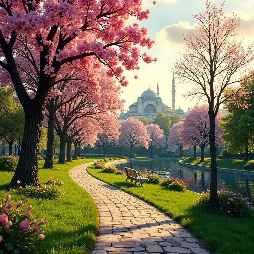 Tranquil Winding Path Through Istanbul Park in Bloom
