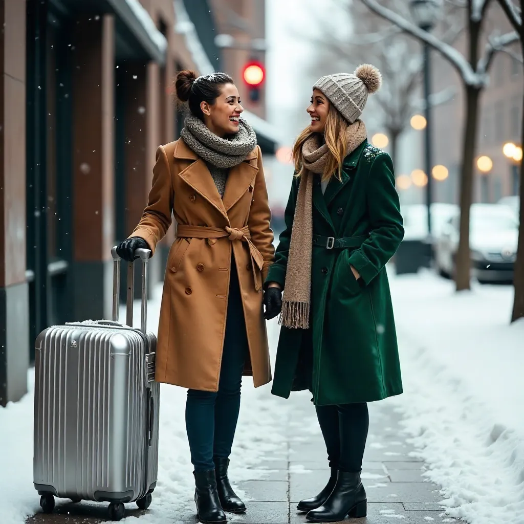 Snowy Style: Two Women Laughing by a Luggage Cart
