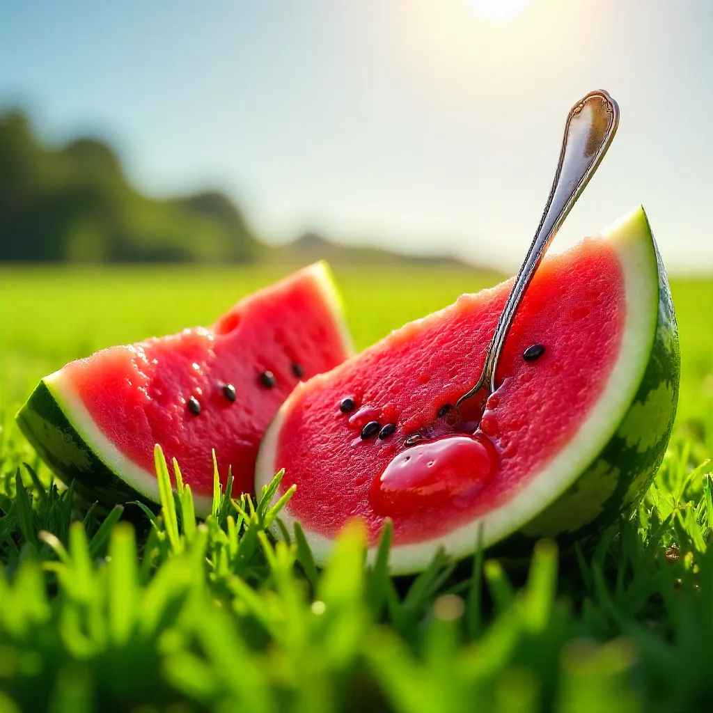 Sunlit Watermelon Halves on Grass