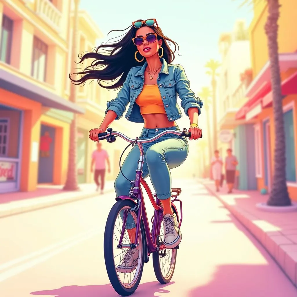 Stylish Latina Anime Rider on a Bicycle