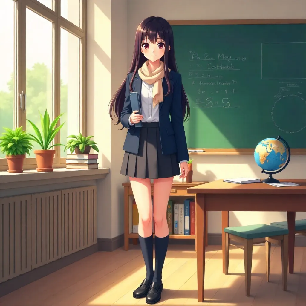 Stylish Asian Woman in a Sunny Anime Classroom