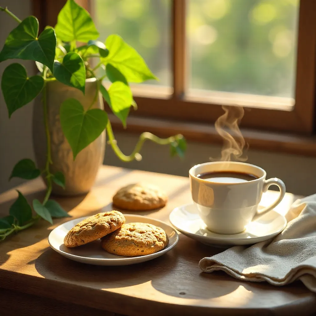Sunlit Cozy Breakfast: Vine Plant, Coffee & Cookies