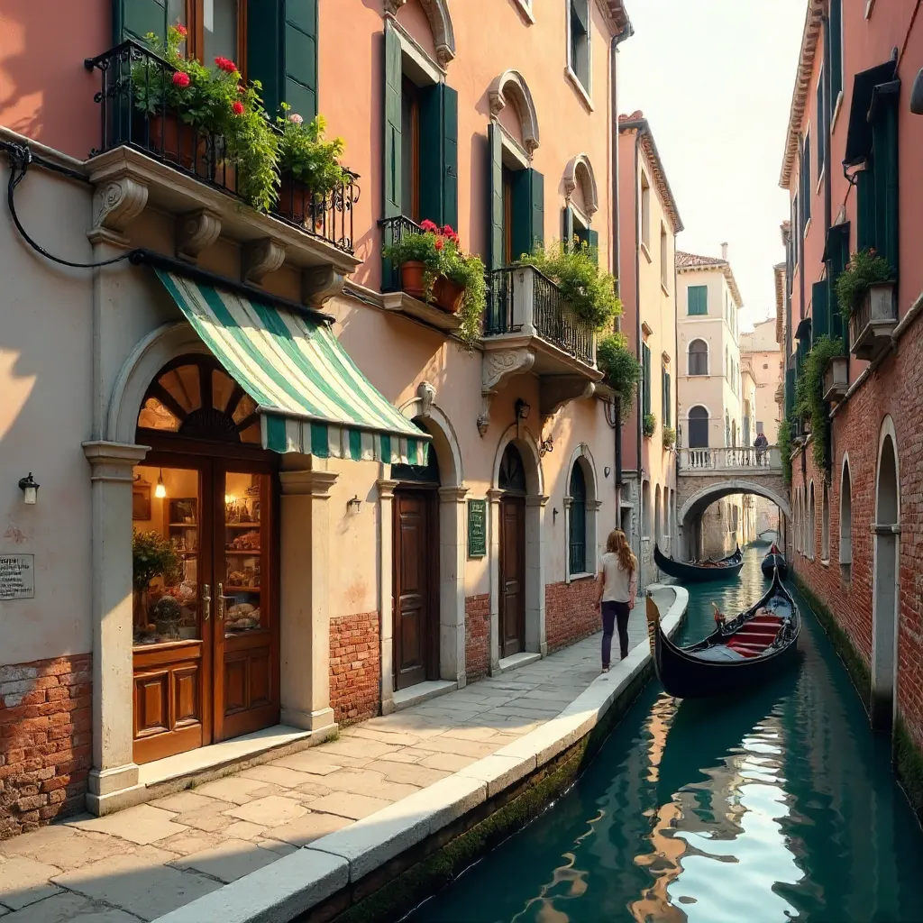 Charming Venetian Canalfront Storefront at Sunset