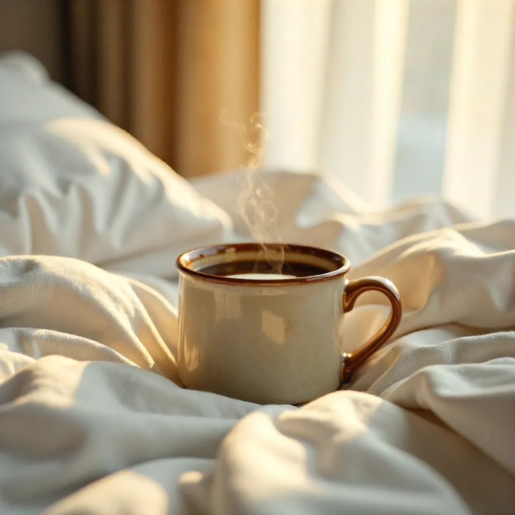 Cozy Morning Coffee on a Soft White Bed