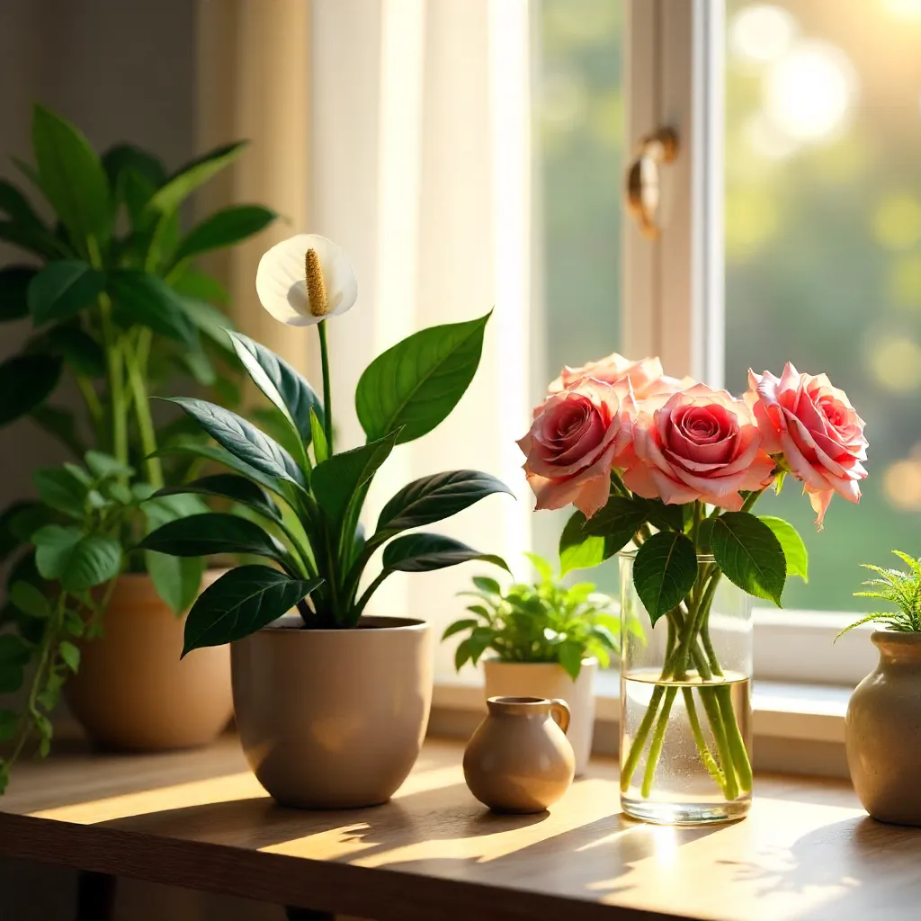 Sunlit Table with Peace Lily and Pink Roses