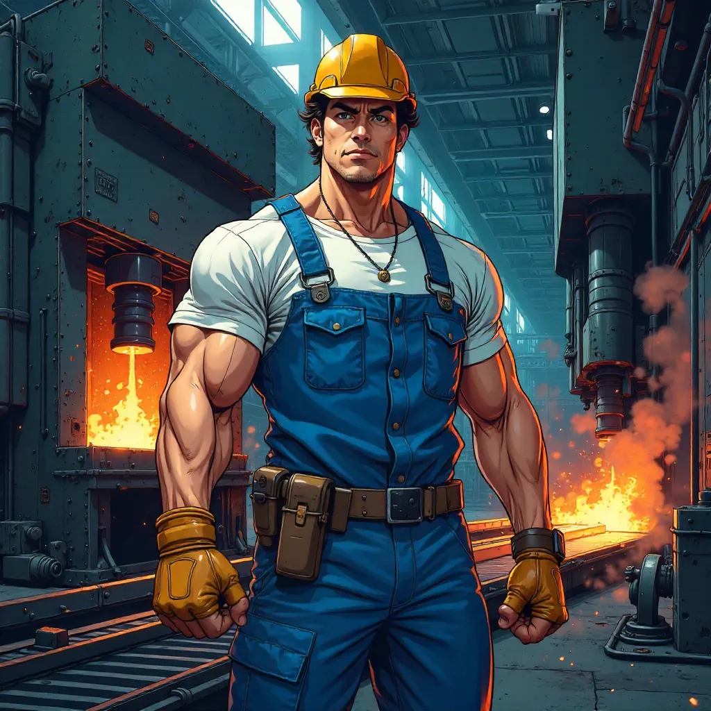 Muscular Asian Man in a Dynamic Factory (Anime)