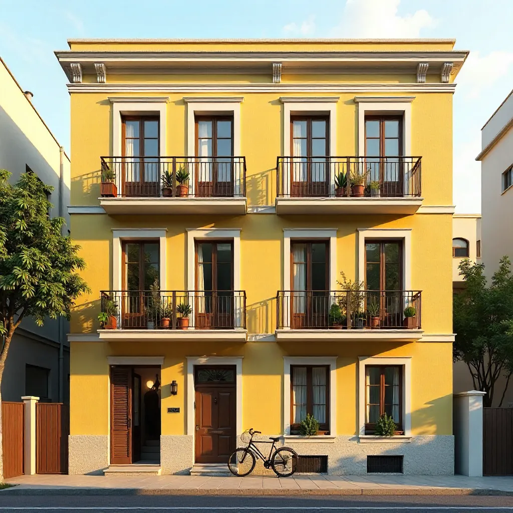 Sunny Yellow Apartment Facade with Balconies and Windows