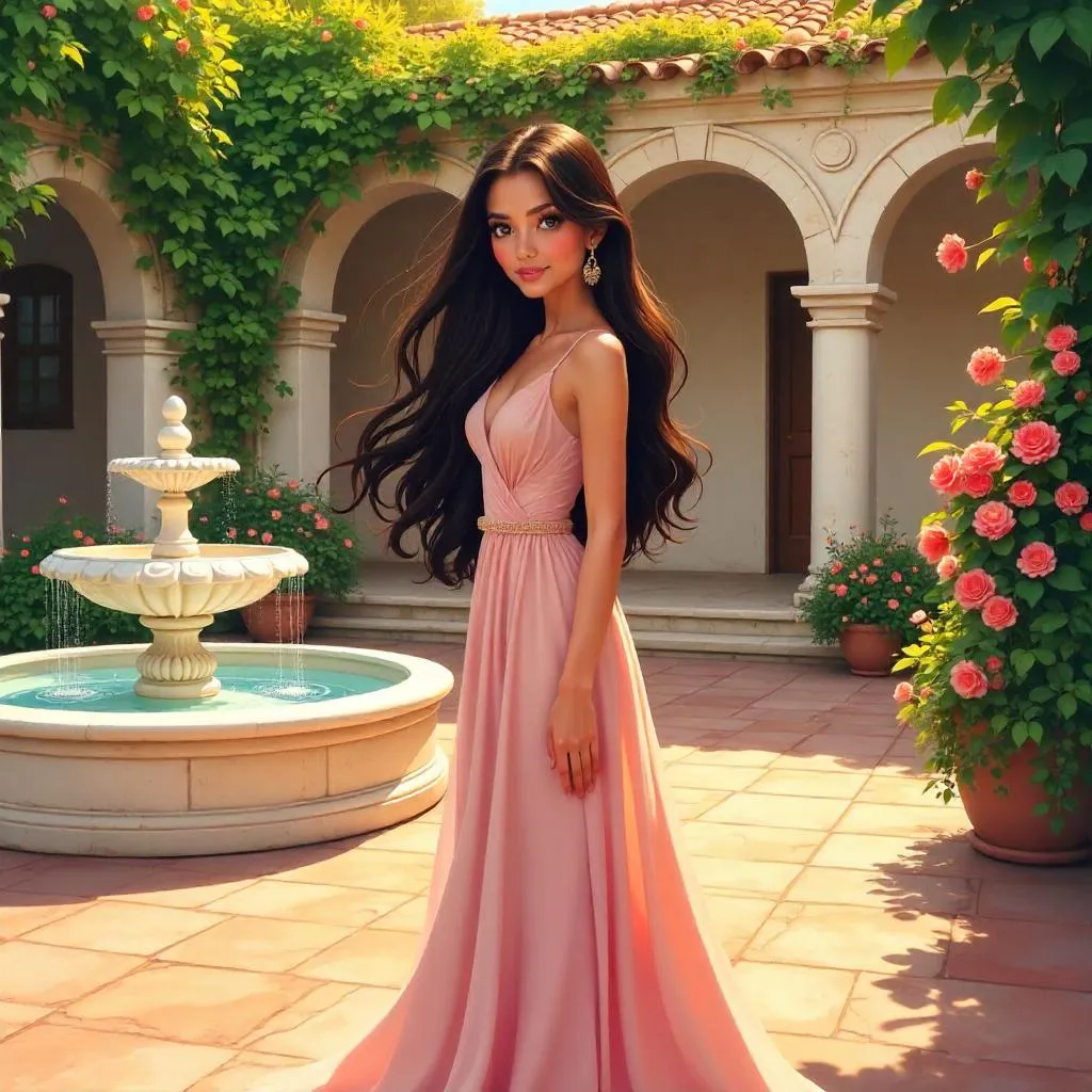 Elegant Latina Woman in an Anime Courtyard