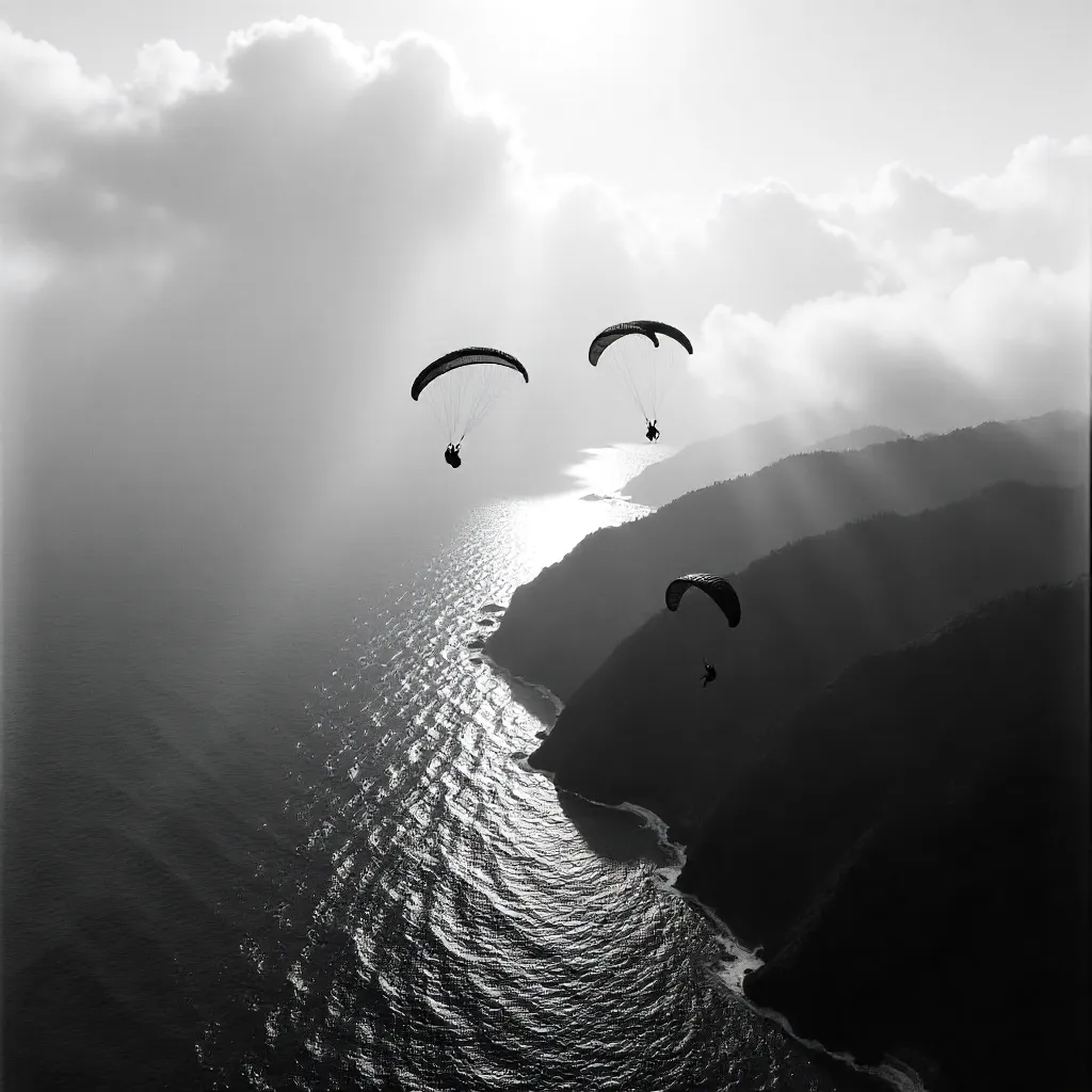 Monochrome Aerial: Paragliders over Misty Isles