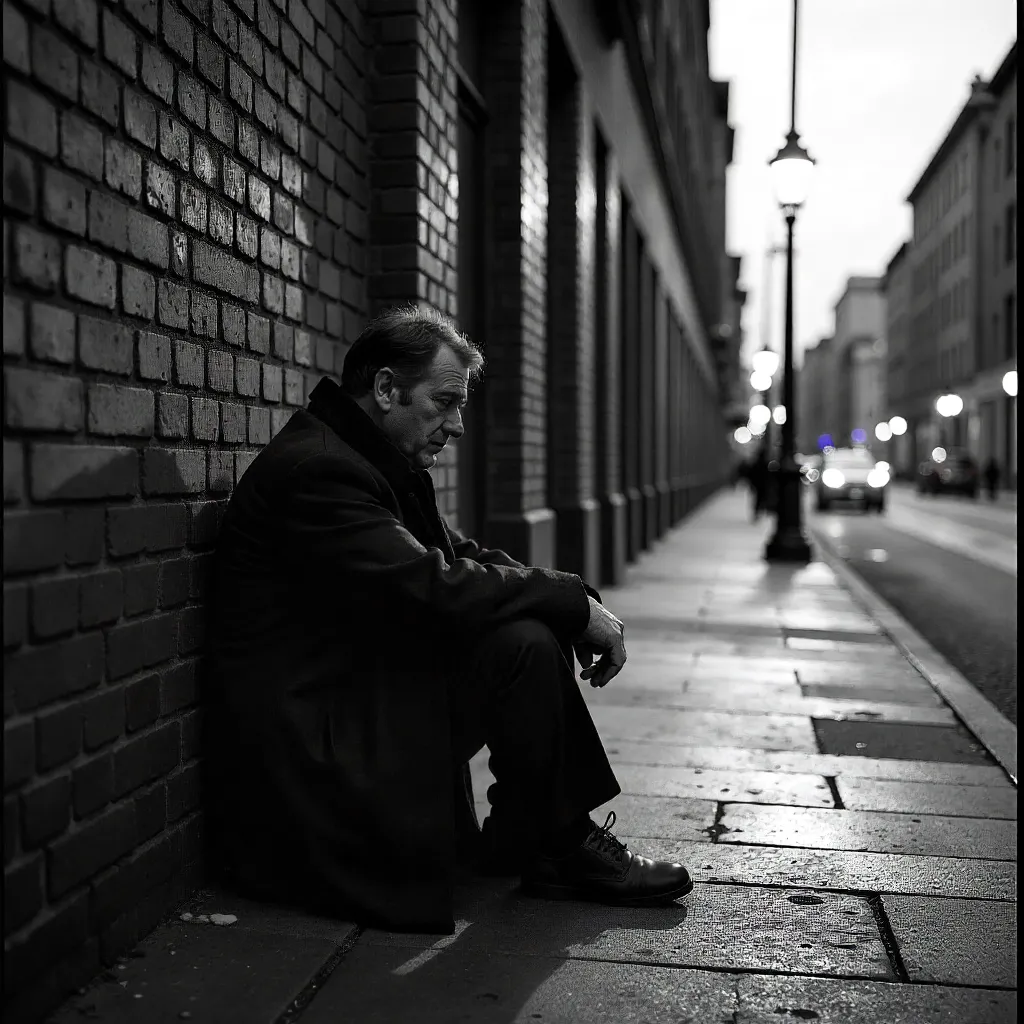 Pensive silhouette leaning against a city brick wall