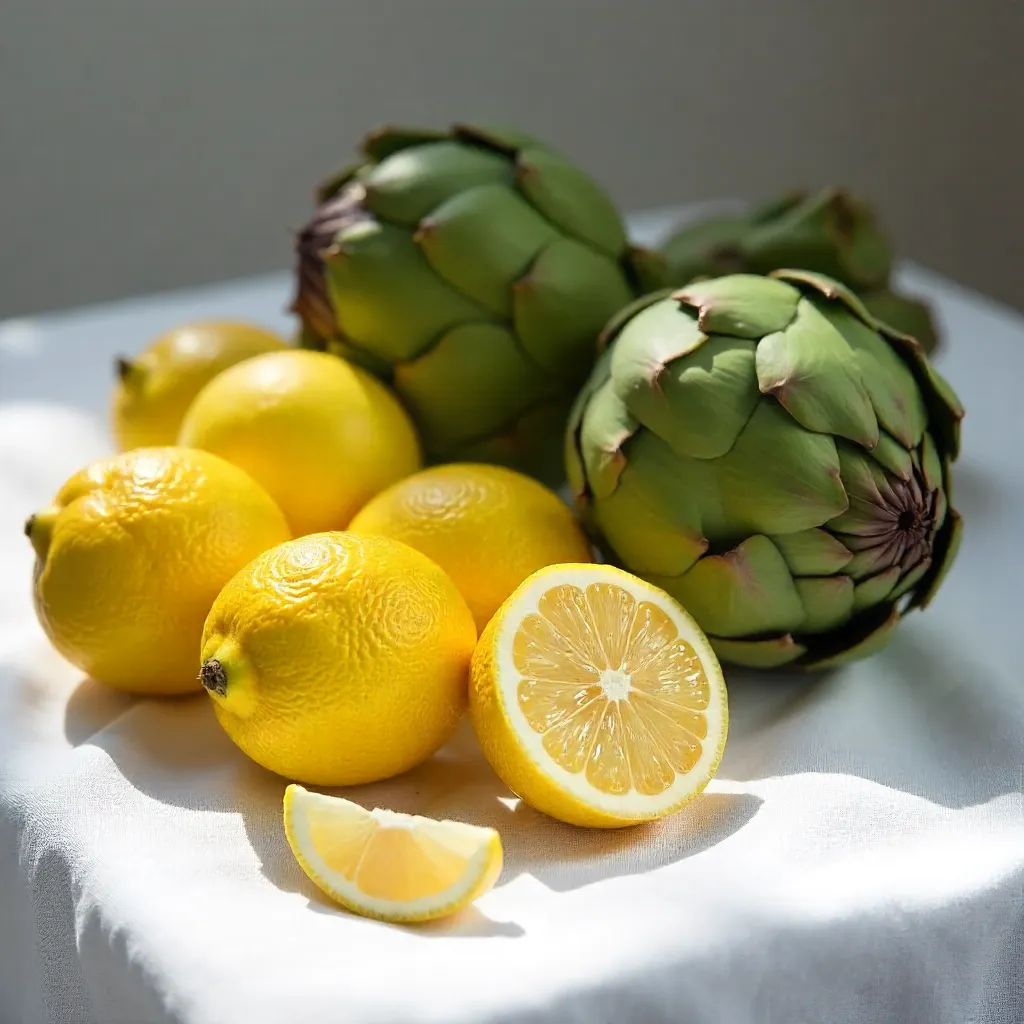 Lemons and Artichokes on White Linen Still Life