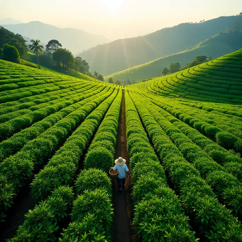 Aerial Tea Plantation: Verdant Rows and Workers