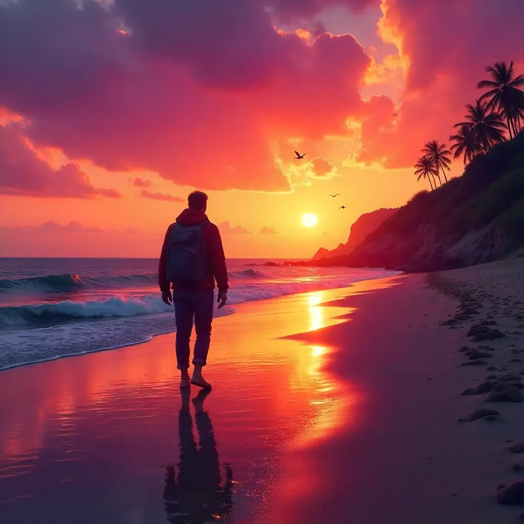 Solitary Traveler at Sunset: Silhouette on the Colorful Beach