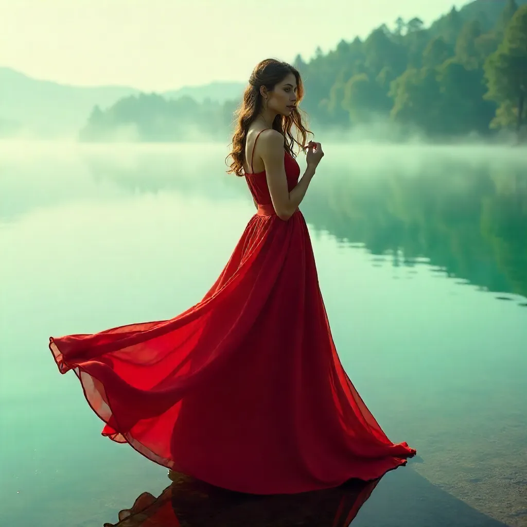 Red Dress by a Misty Turquoise Lake