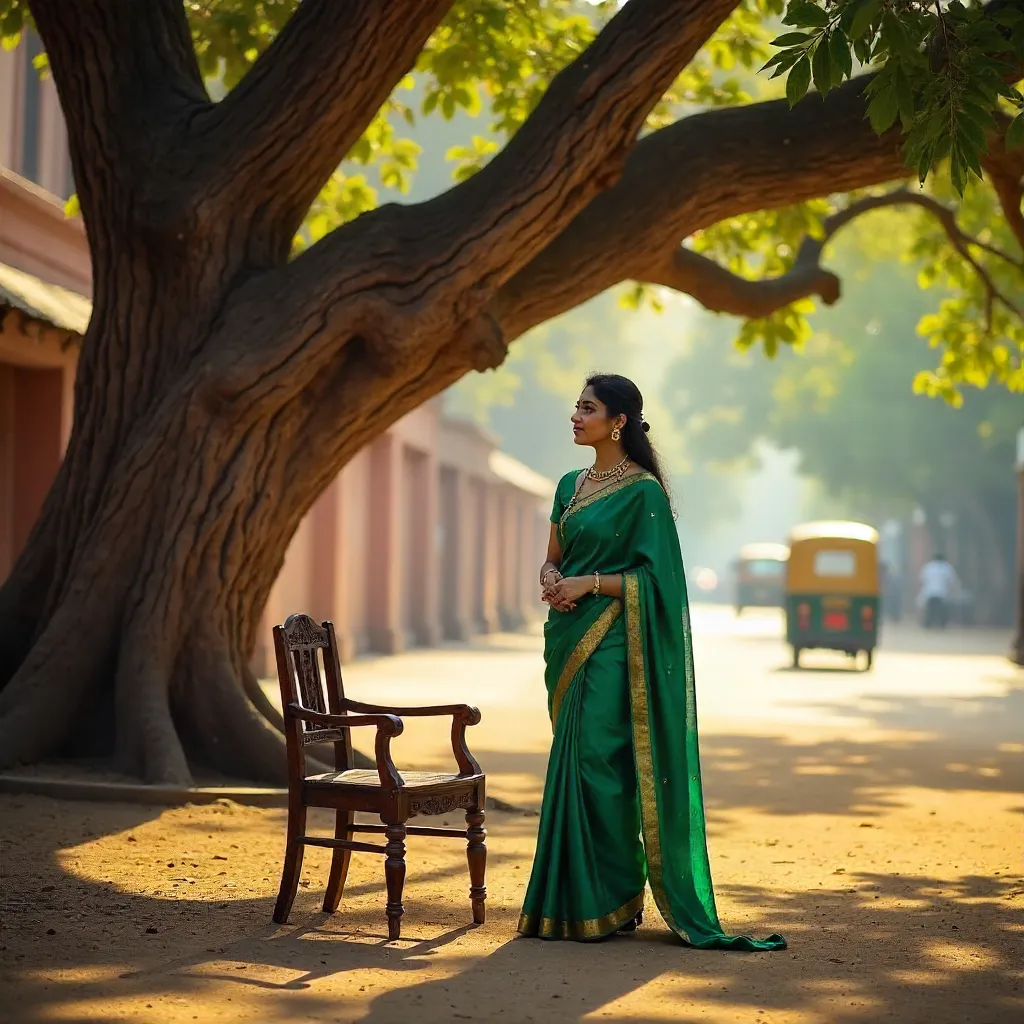 Woman by a Wooden Chair Under a Tree in New Delhi