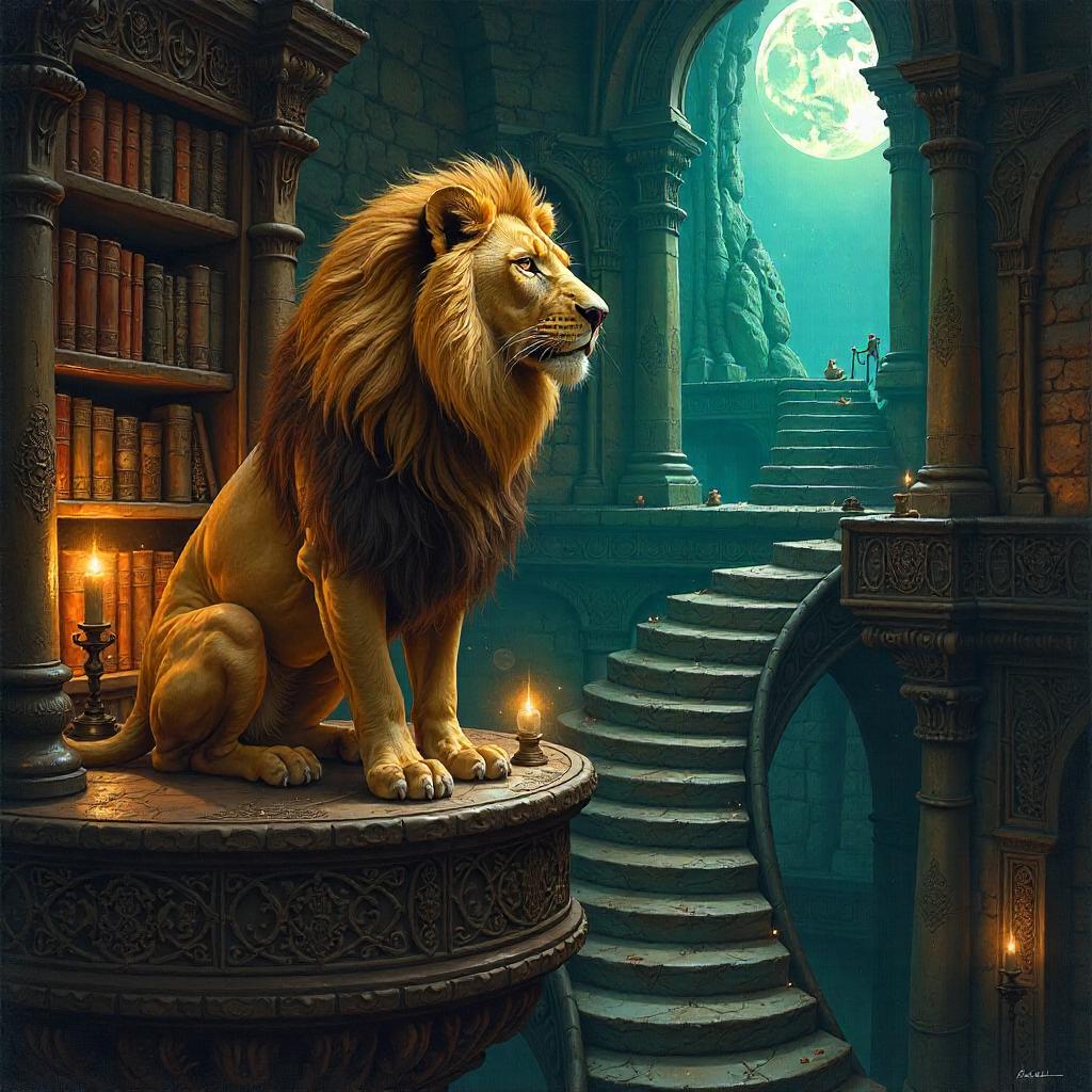 Regal Lion in a Wizard's Tower (Oil Painting)