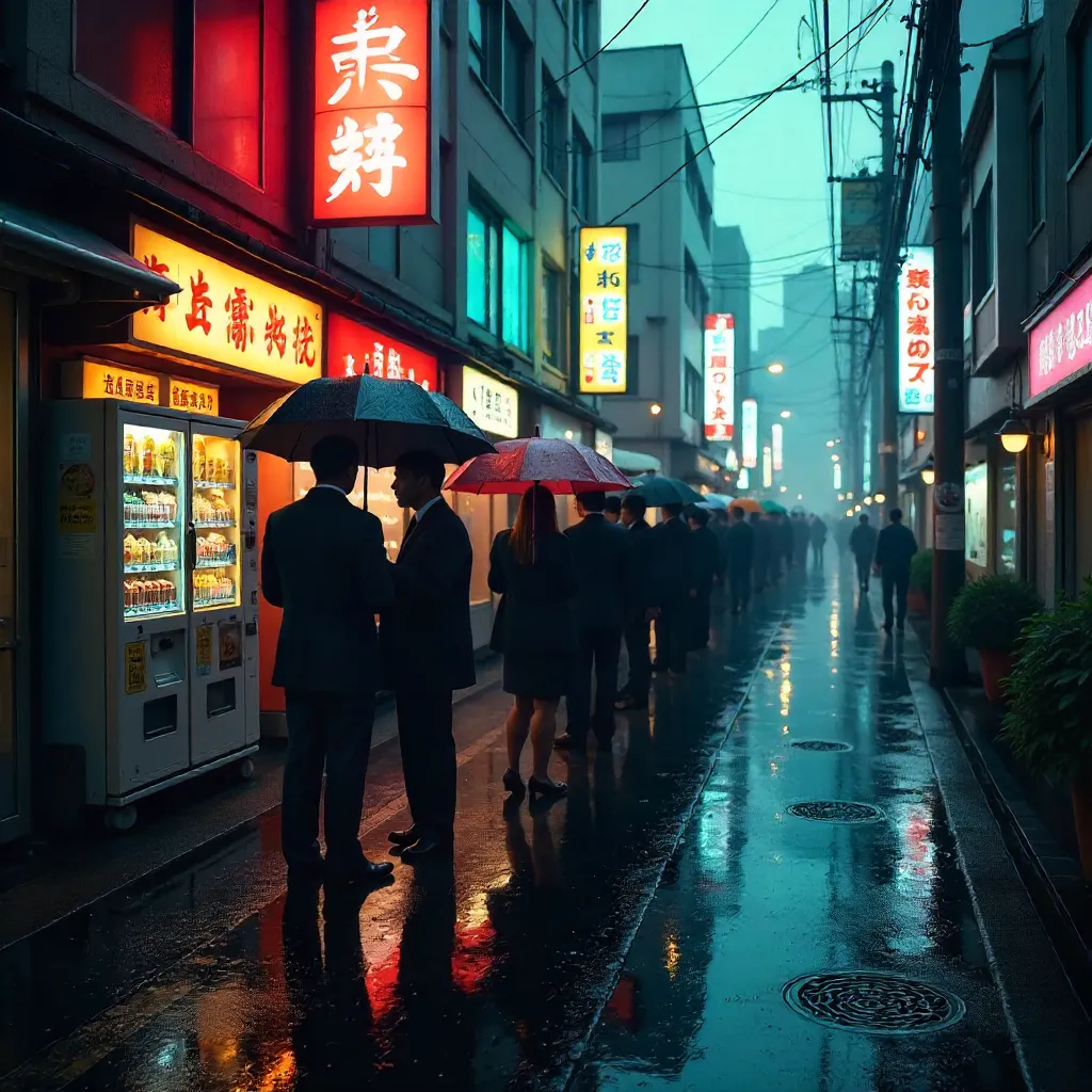 Rainy Tokyo Street: Umbrella Line of Urban Life