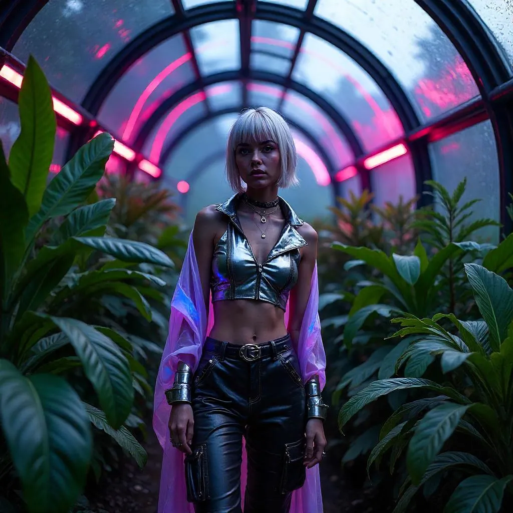 Cyberpunk Greenhouse Muse in Neon Rain and Glass