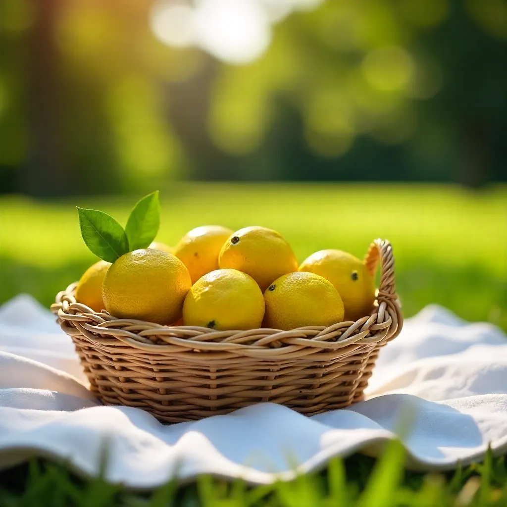 Sunny Lemon Basket on a White Picnic Blanket
