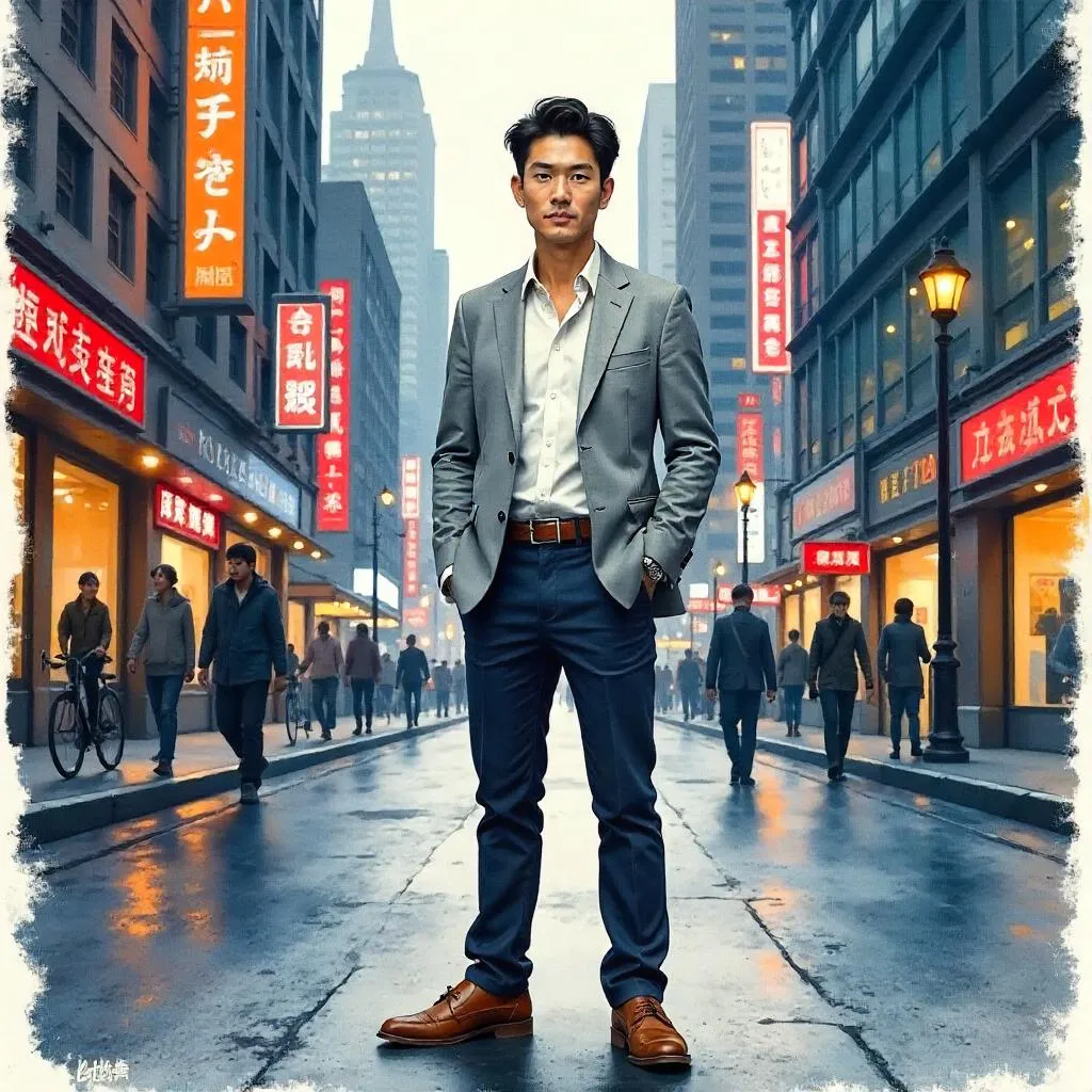 Handsome Asian Man in Downtown Watercolor Scene