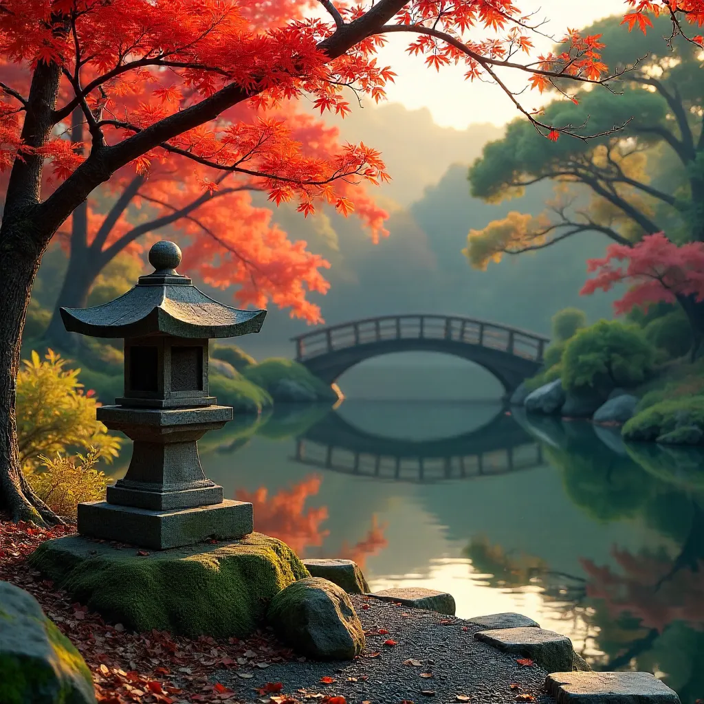 Autumn Tranquility: Japanese Garden with Stone Lantern and Pines