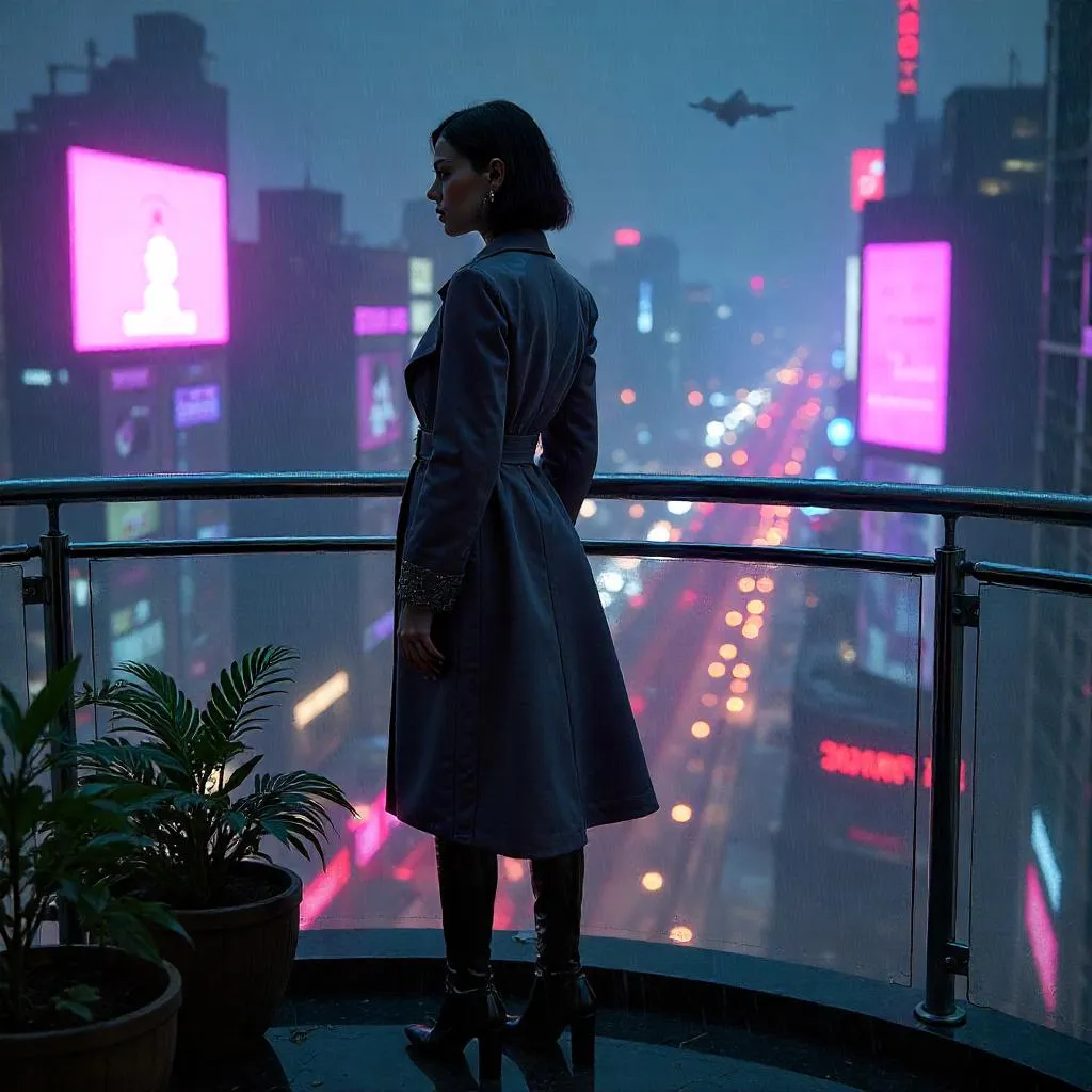 Neon Balcony Elegance in a Cyberpunk Night