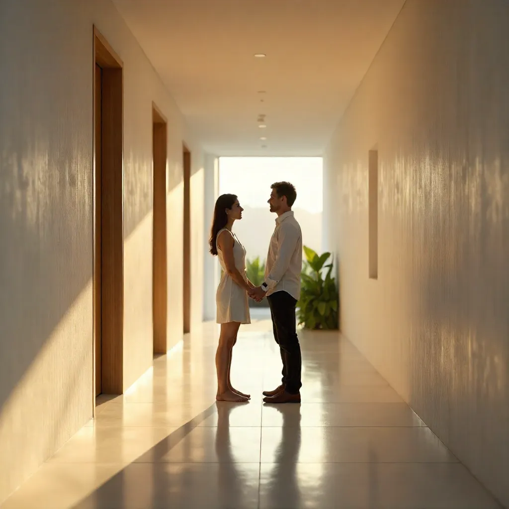 Serene Couple in a Modern Hallway