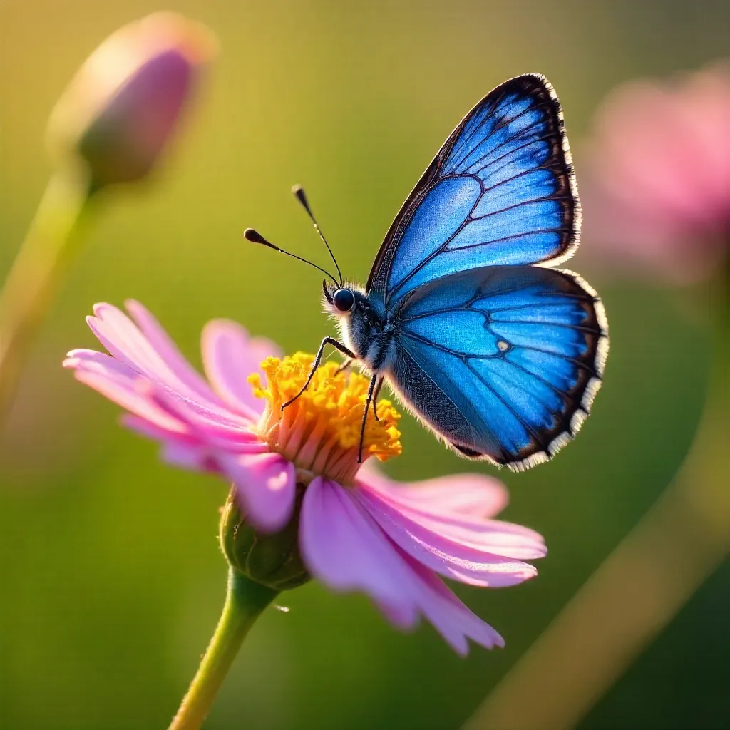 Macro close-up: blue butterfly on pink wildflower