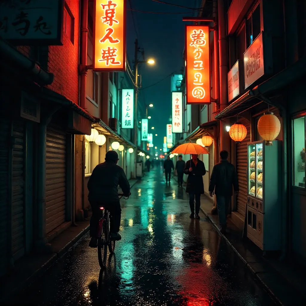 Neon Night Street: Cyclist and Pedestrians in Japan