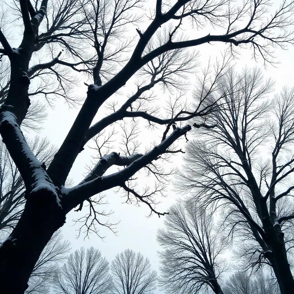 Silhouetted Winter Branches Against Blinding Sky