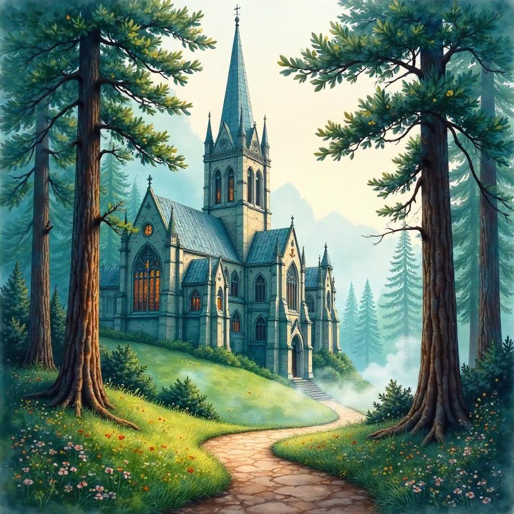 Watercolor Cathedral in a Serene Pine Forest