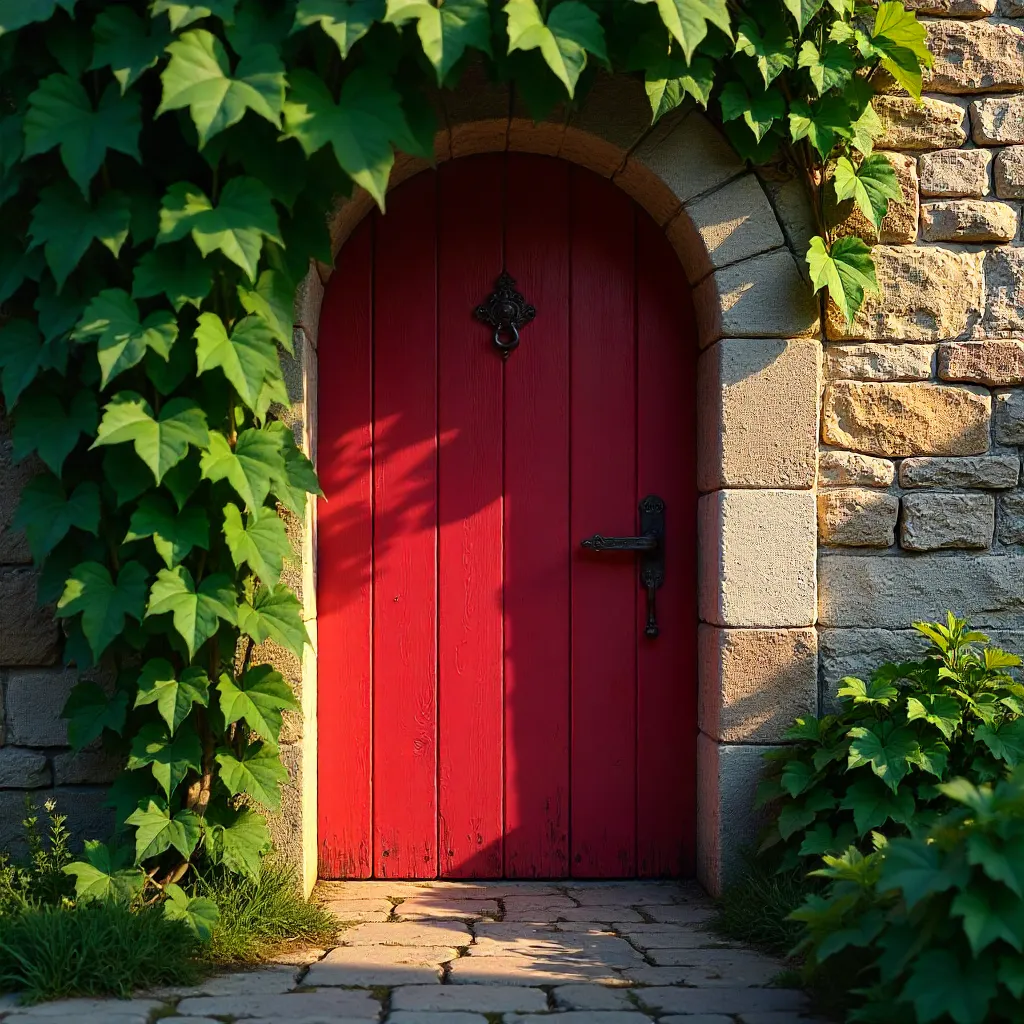 Red Door Beneath Ivy on Weathered Stone Wall
