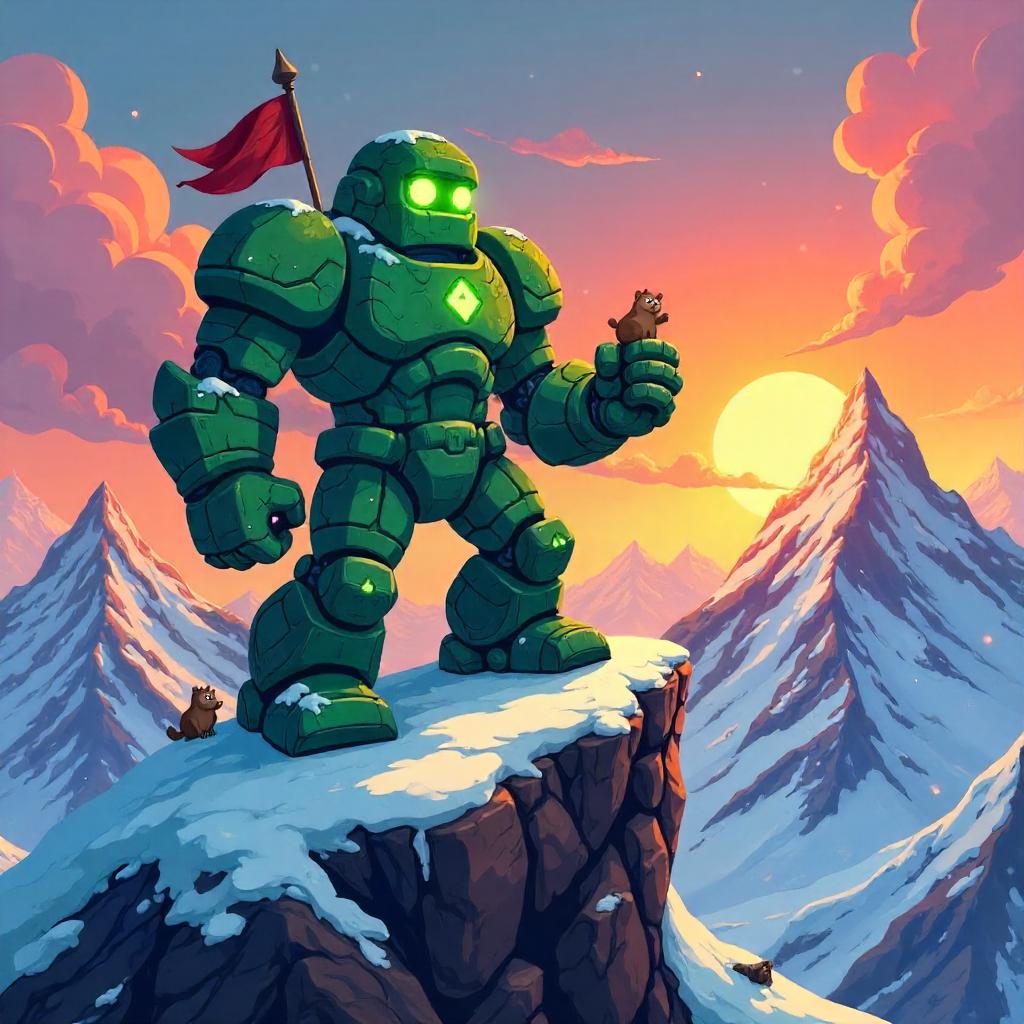 Golem on a Snowy Mountain Peak - Cartoon Style