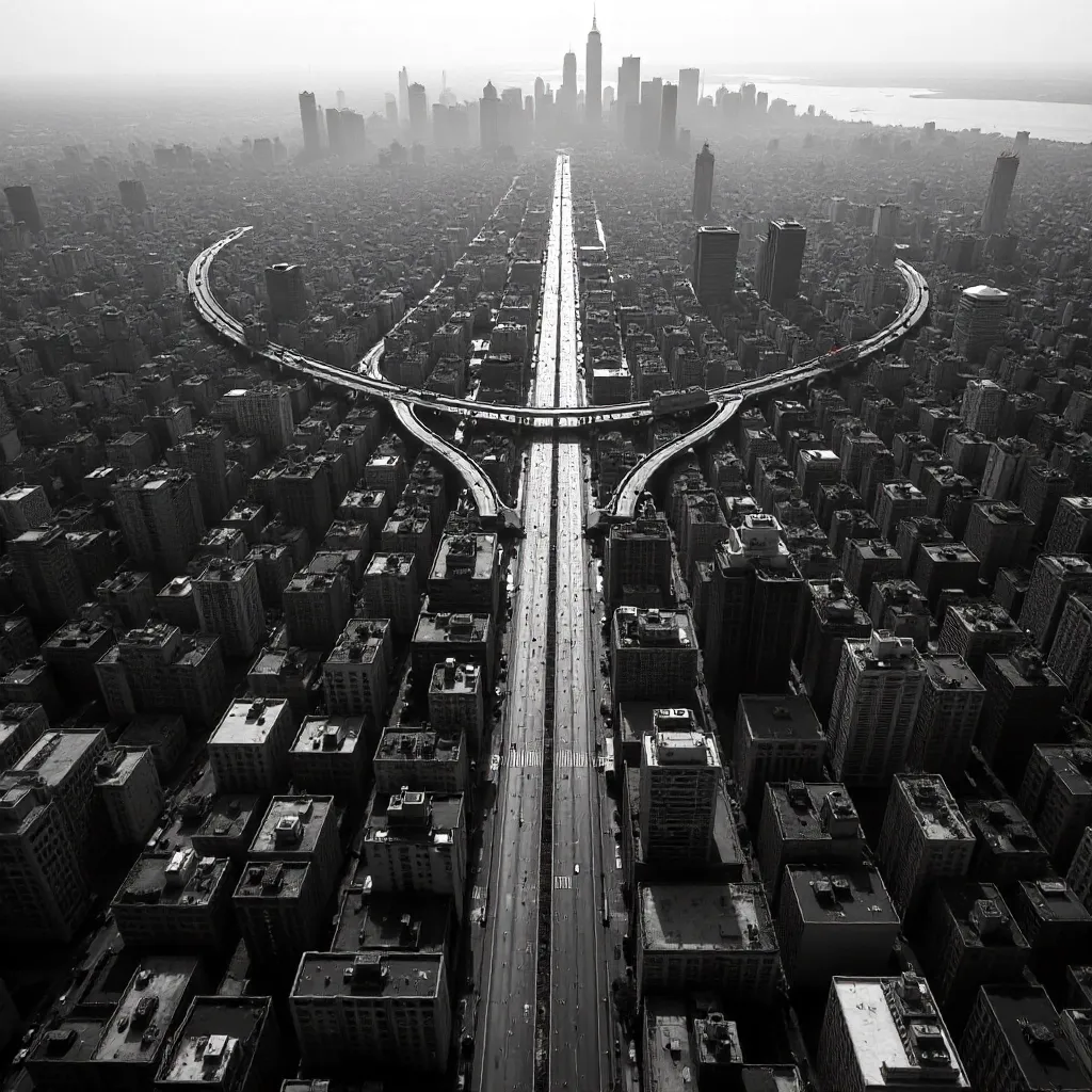 Dramatic Aerial Black-and-White City Geometry