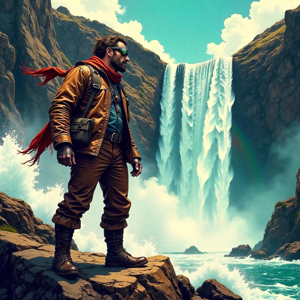 Comic-Book Pilot by a Thunderous Waterfall