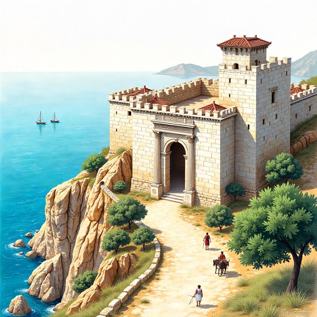 Watercolor Fortress of Ancient Greece by the Aegean