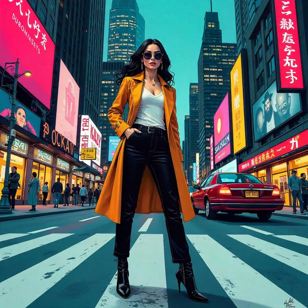 Elegant Caucasian Woman in Neon Downtown Comic