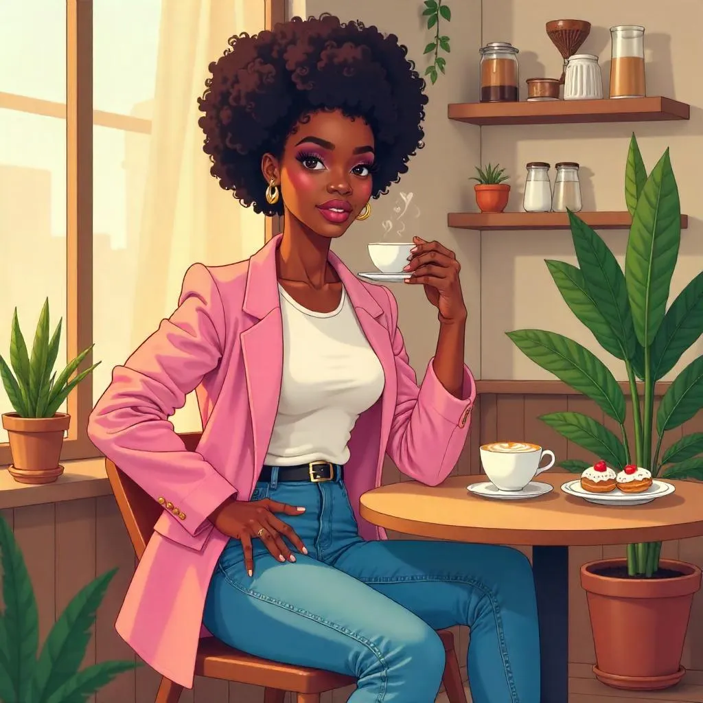 Stylish Black Woman in a Cozy Café — Cartoon Style