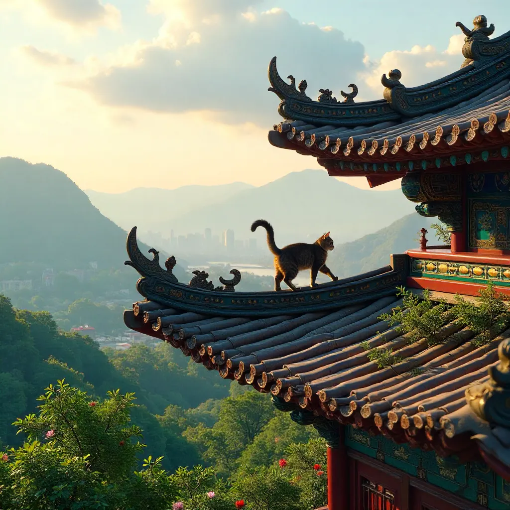 Cat on a vibrant Taipei temple roof