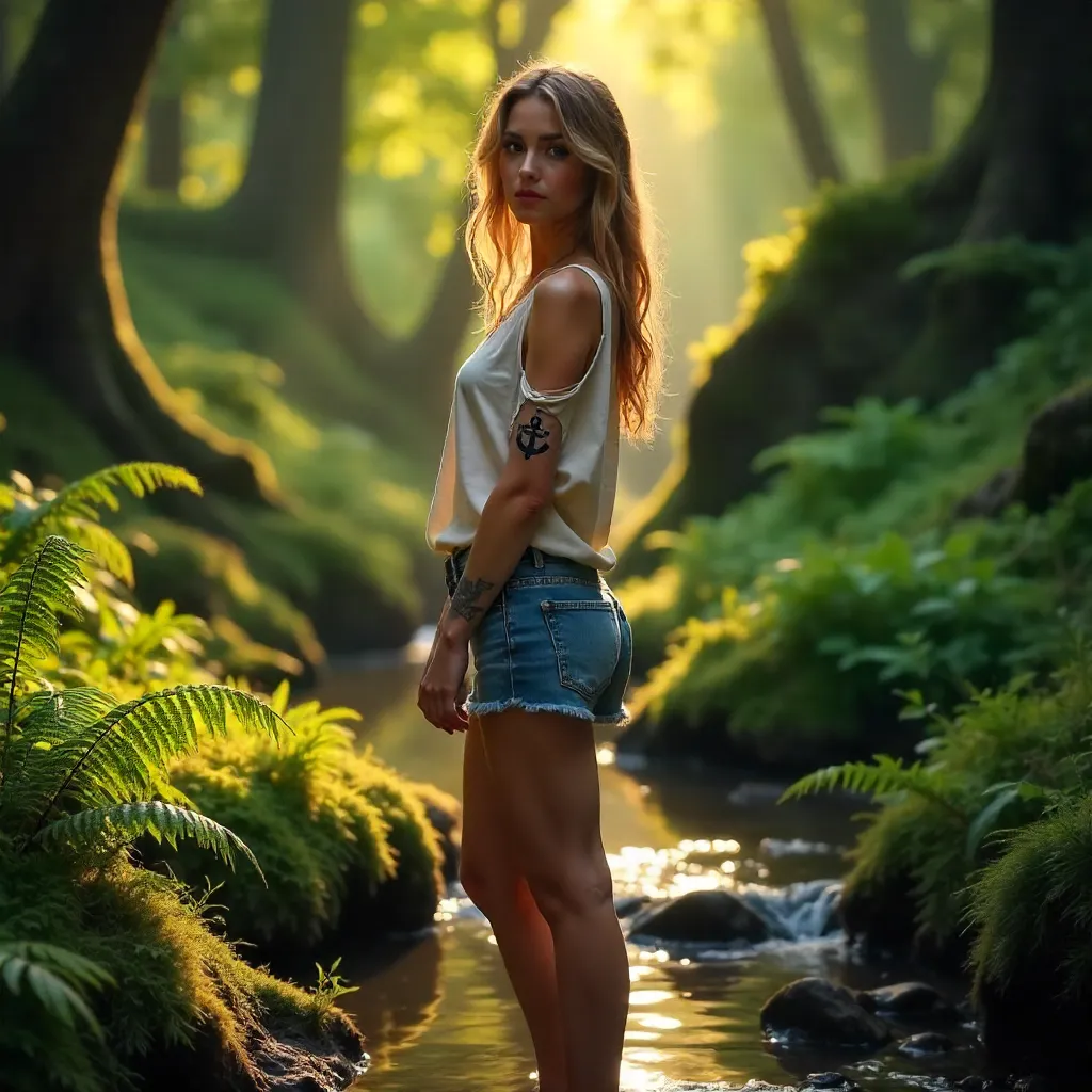 Caucasian Woman with Anchor Tattoo in a Lush Forest