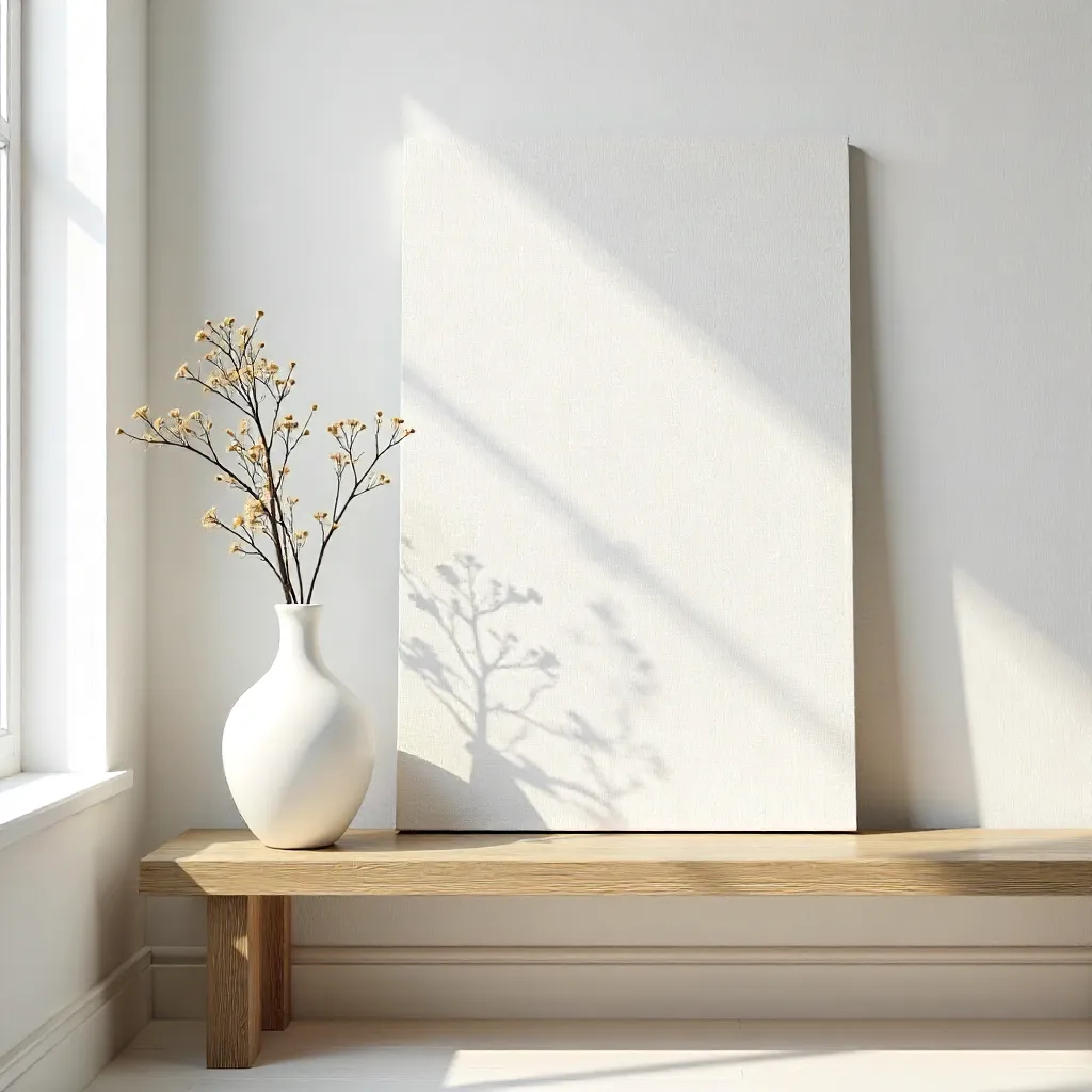 Elegant Minimalist Interior: Canvas, Vase, Wood Bench
