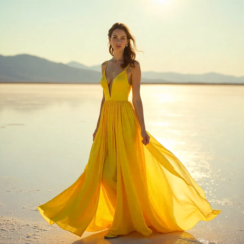 Elegant Portrait in a Yellow Dress at Utah Salt Flats