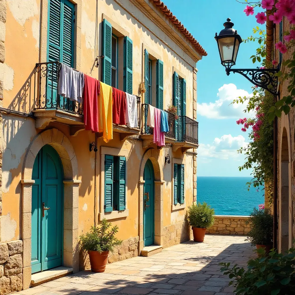 Weathered Mediterranean Facade with Colorful Laundry