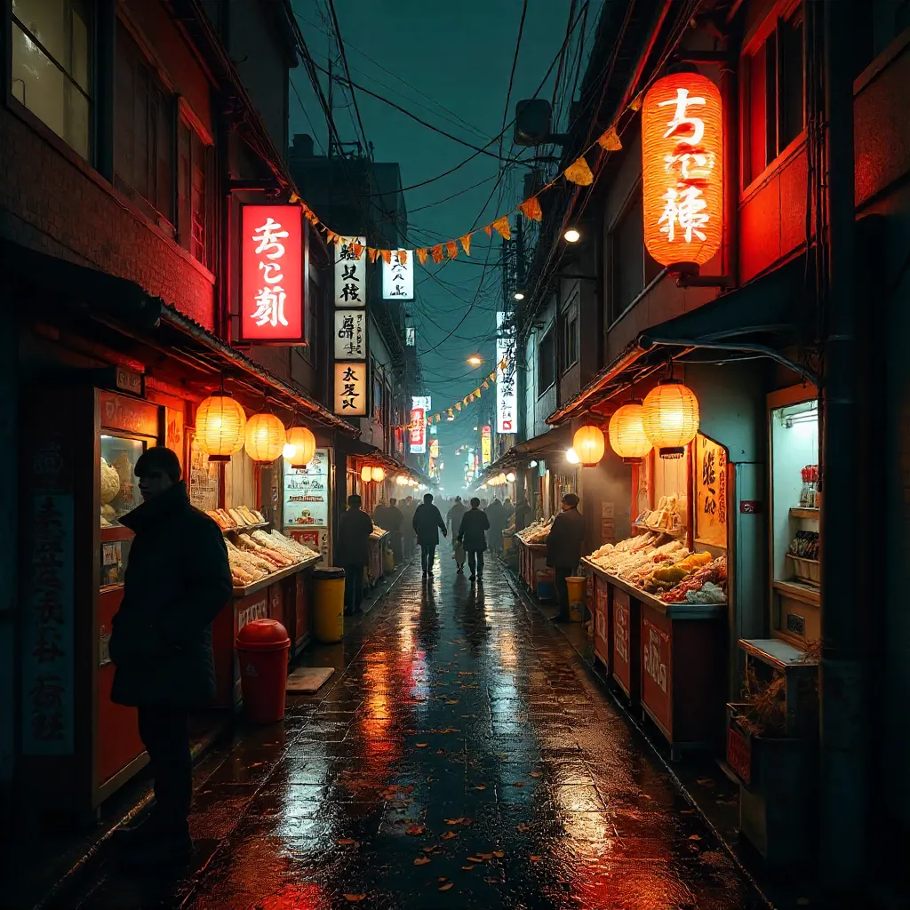 Nighttime Tokyo Alley: Lanterns, Leaves and Neon