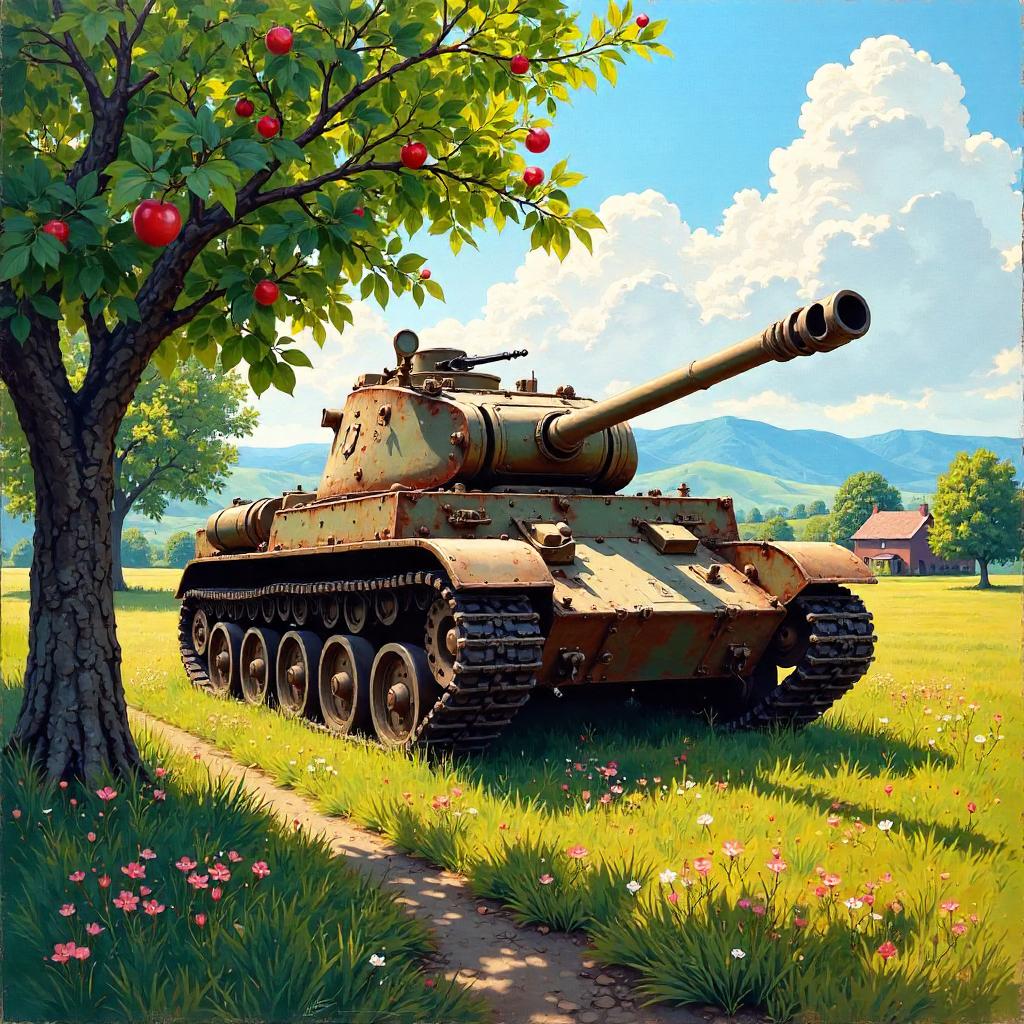 Oil Painting: Tank in an Apple Orchard