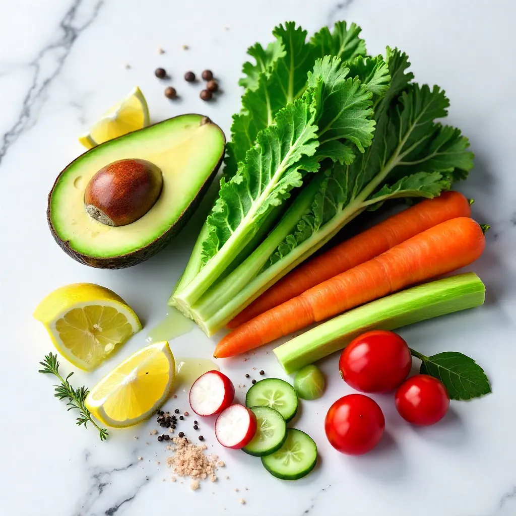 Marble Produce Still Life: Avocado, Kale, and More