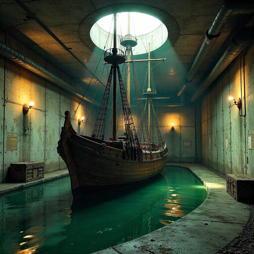 Photorealistic Sailing Ship Trapped Inside a Bomb Shelter